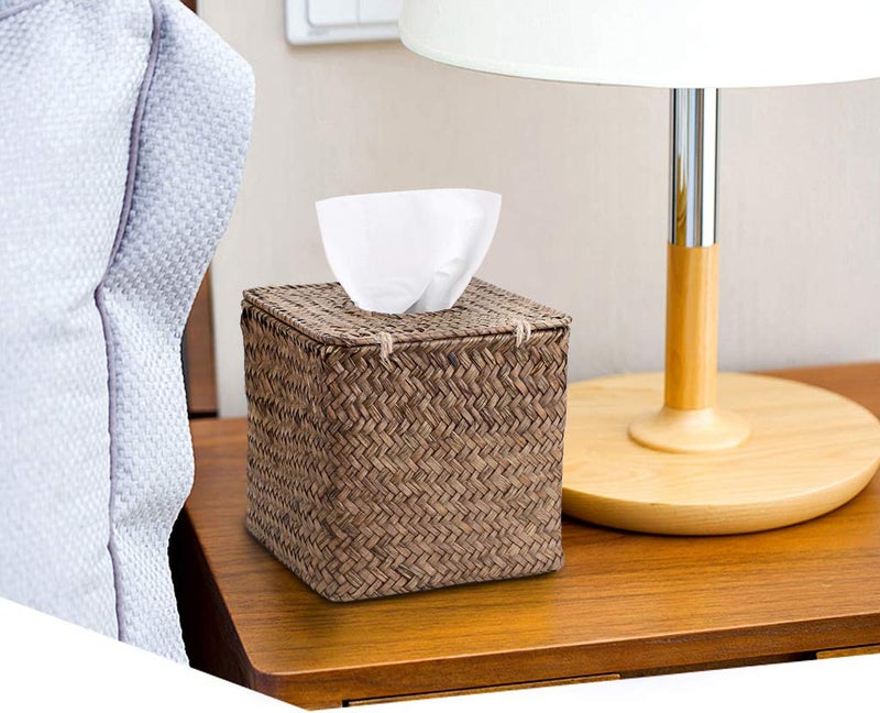 Sumnacon Tissue Box Cover Square Seagrass Tissue Box with Lid, Woven Tissue Box Holder Rustic Cube Tissue Cover for Bathroom Toilet Bedroom Living Room Kitchen Table Desk Office Car, Coffee - Image 2